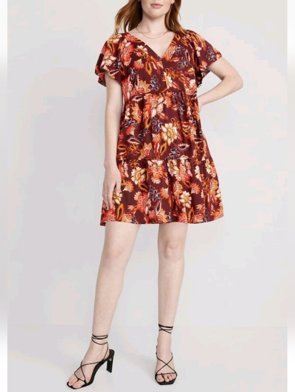 Old Navy V Neck Tiered Mini Swing Dress Large NWT Boho Floral Babydoll Retro